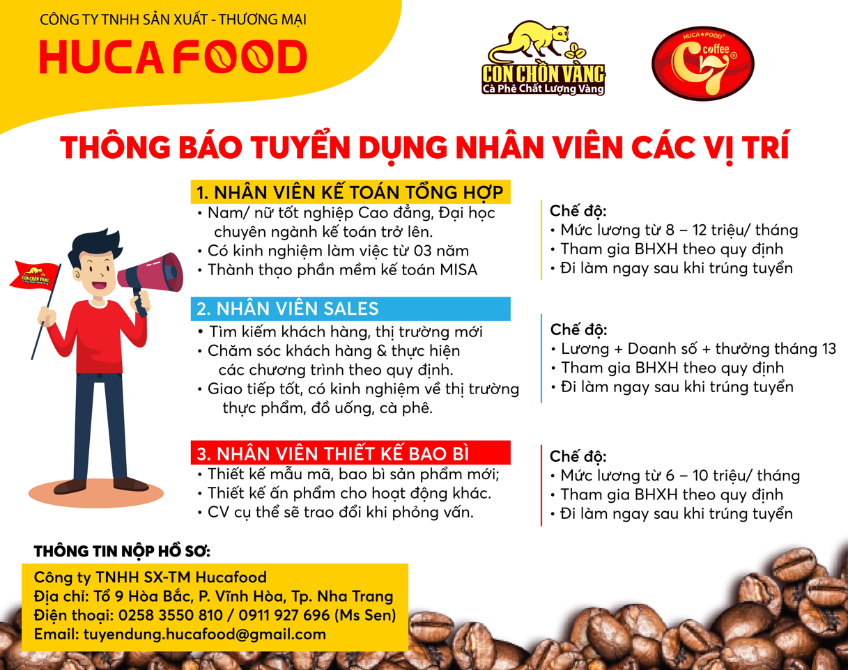 HUCA FOOD TUYỂN DỤNG 2023 - Kế Toán - Thiết Kế Bao Bì - Sale