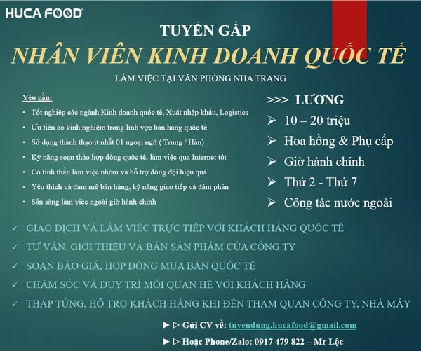 HUCAFOOD tuyển dụng 2 nhân viên kinh doanh quốc tế năm 2025