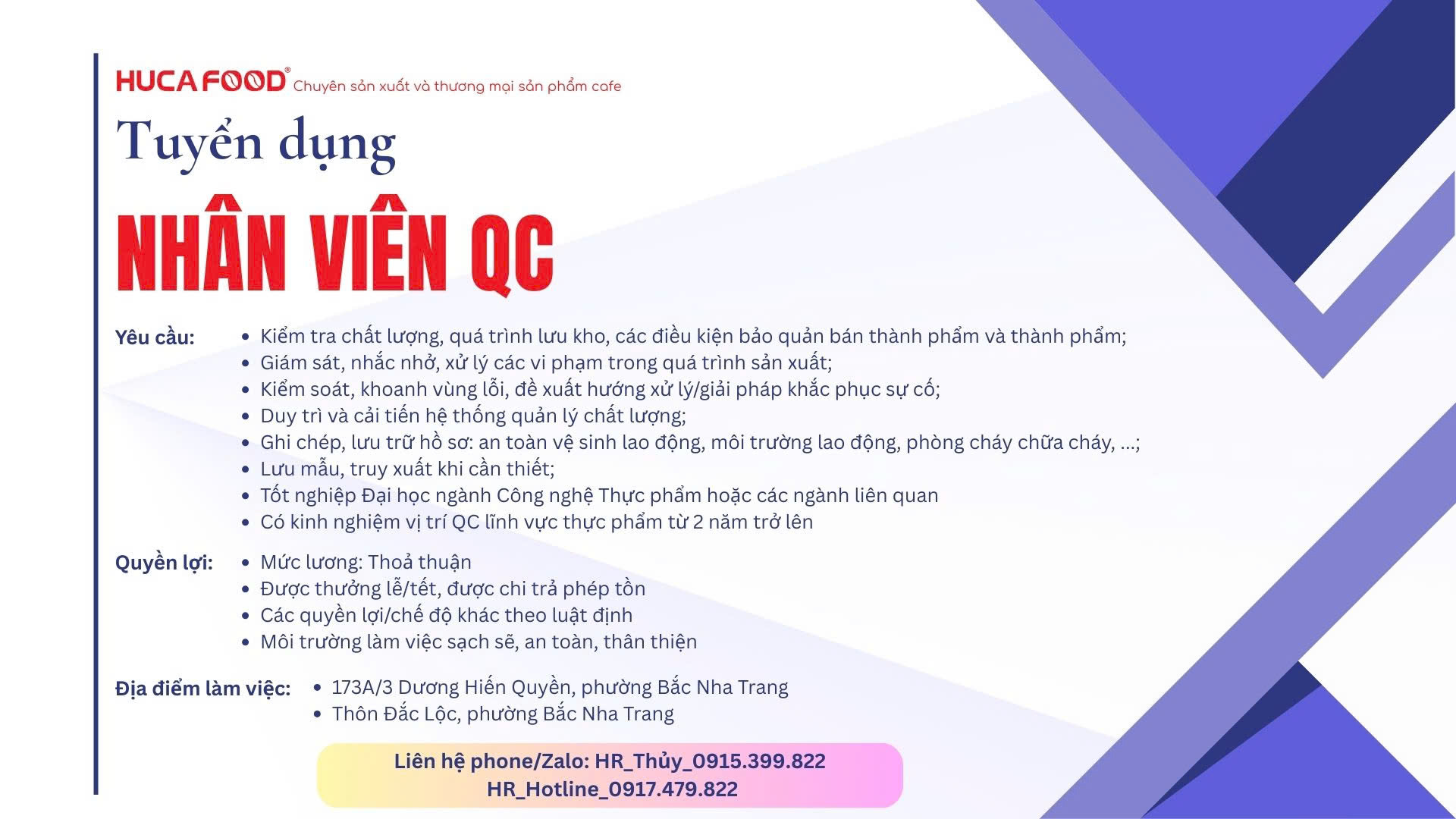 HUCAFOOD TUYỂN DỤNG 2026 - NHÂN VIÊN QC