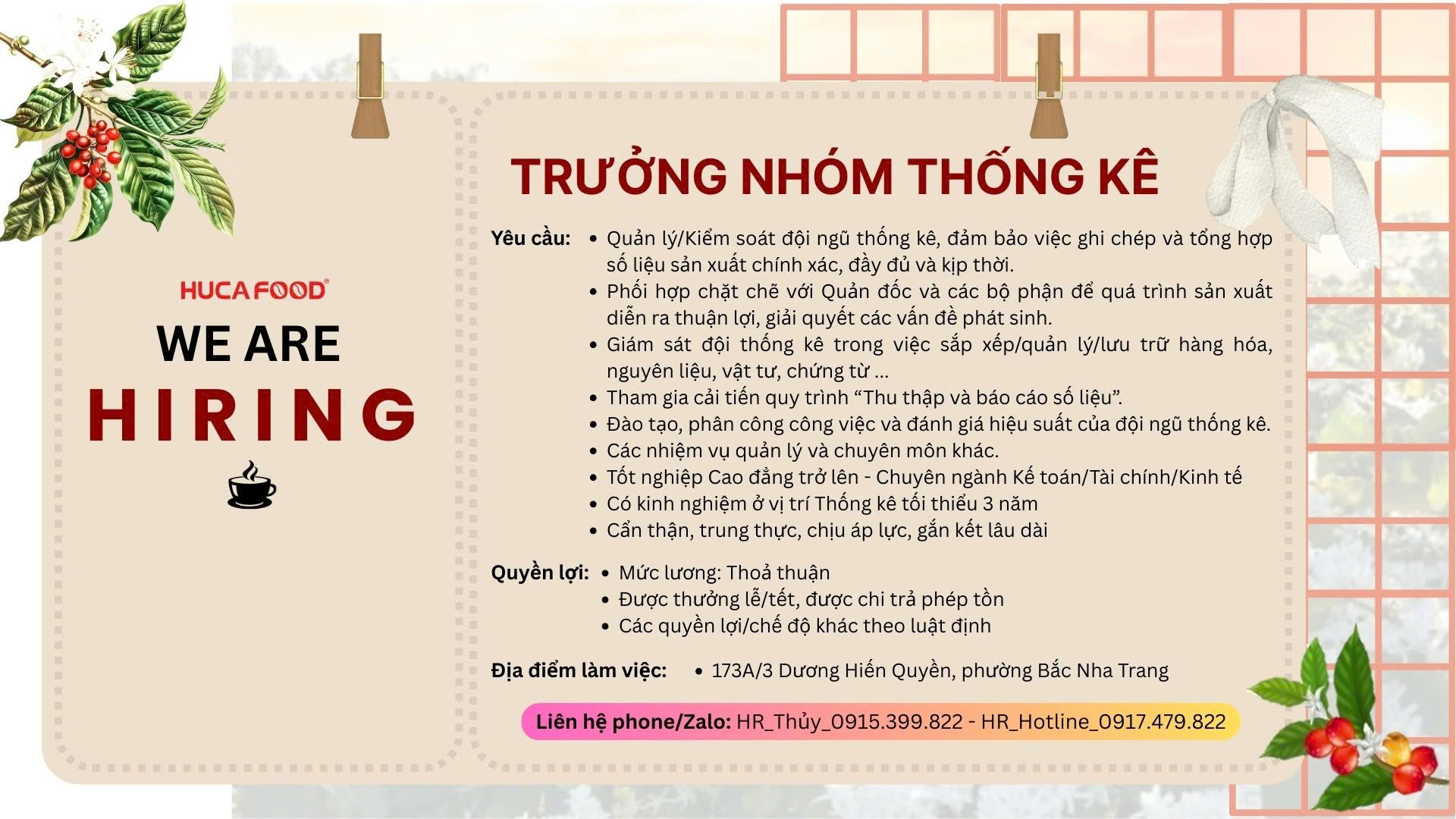 HUCAFOOD TUYỂN DỤNG 2026 - TRƯỞNG NHÓM THỐNG KÊ