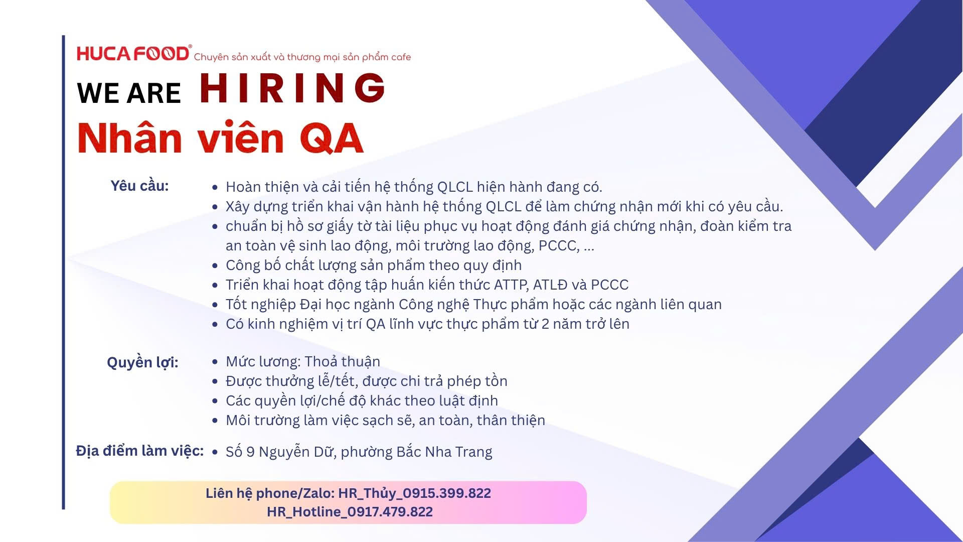 HUCAFOOD tuyển dụng Nhân viên QA